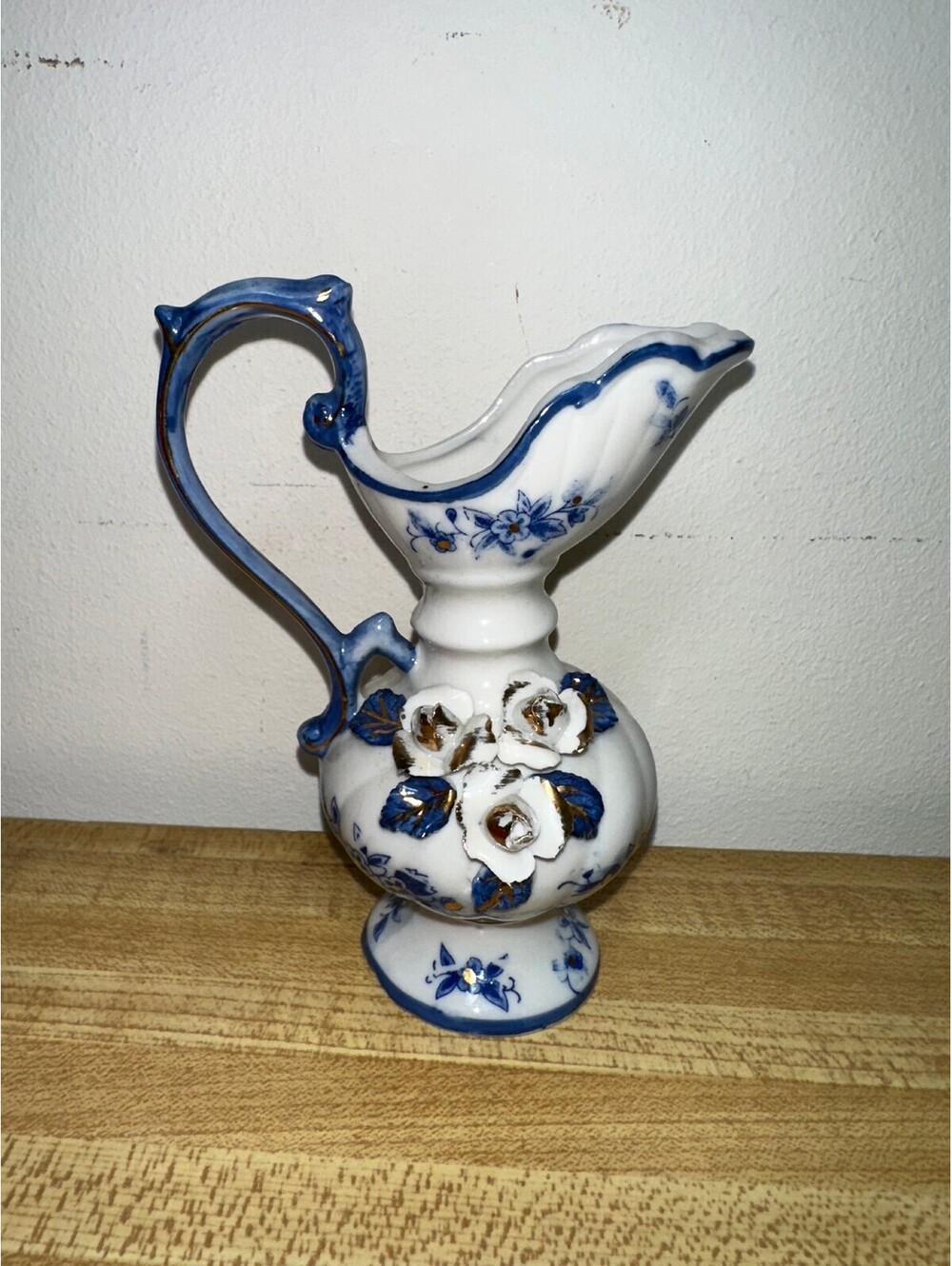 Vintage Ceramic Blue and White Floral Pitcher Vase - Picture 1 of 6